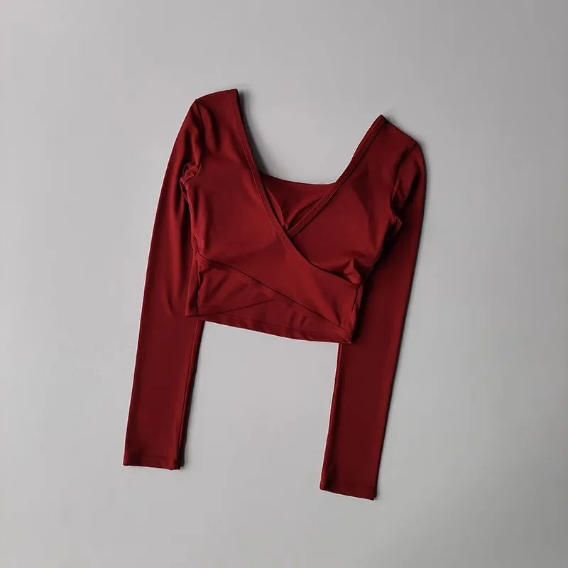 Autumn Slimming Long Sleeved Yoga Top Crossed Back with Fixed Chest Pads for Sports Running Fitness Tight Fitting Shirt