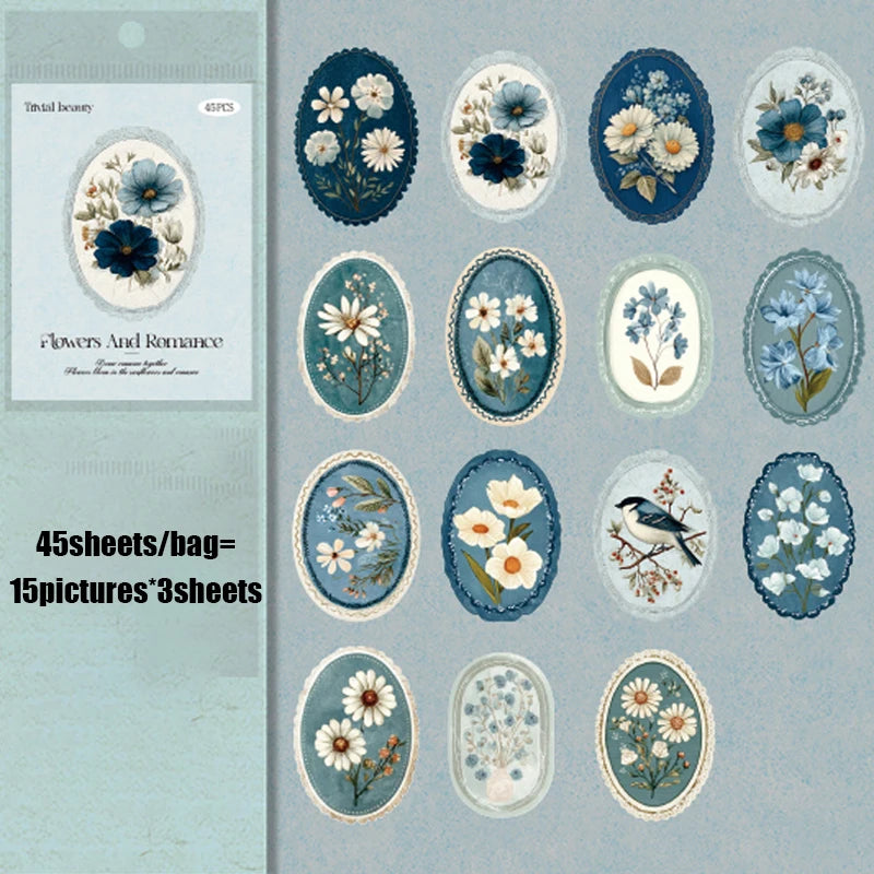 Mr. Paper 45pcs Serene Florals Sticker Pack - Boxed Flower Theme Collection, DIY Journal Collage Decor Set, Literary Stationery