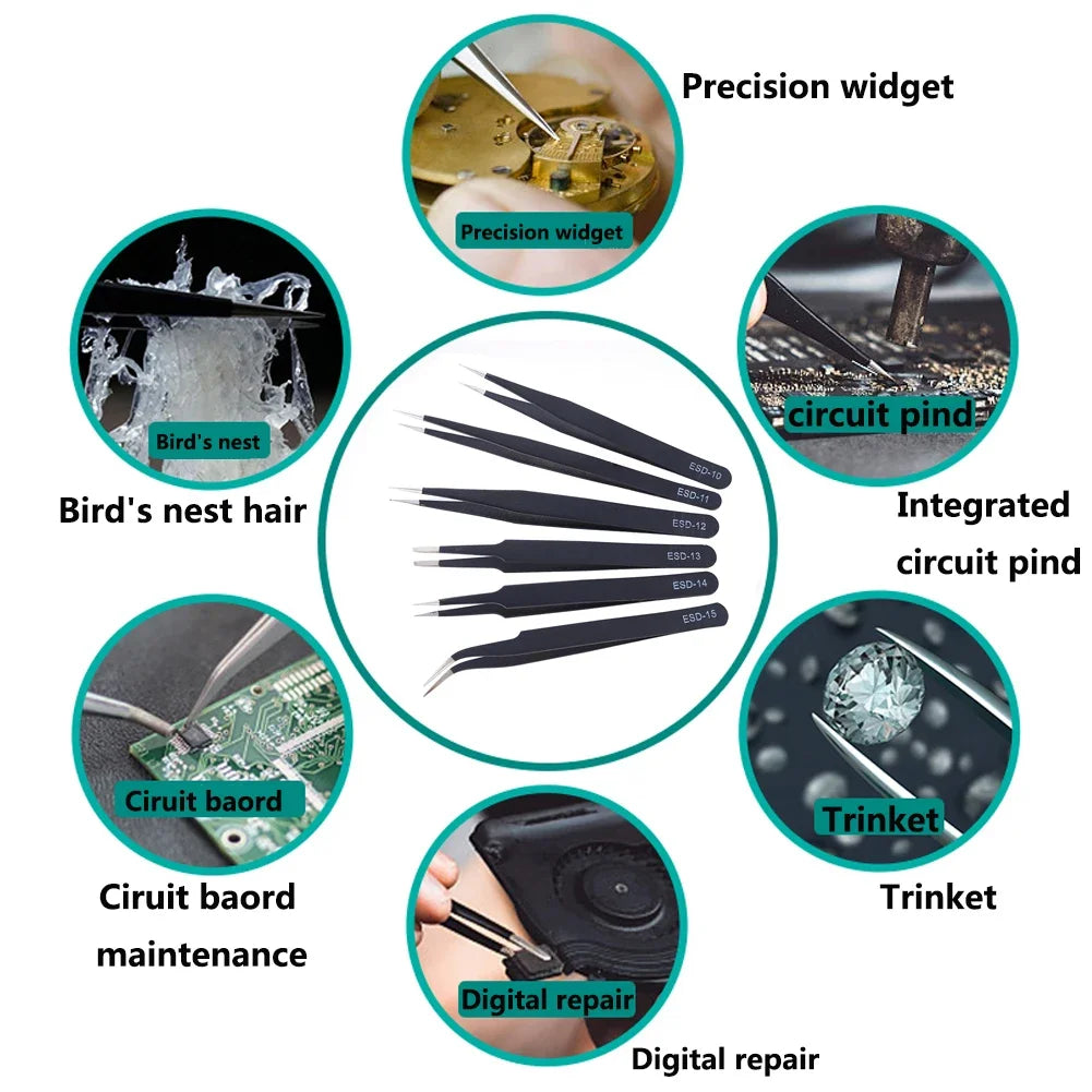 6Pcs Anti-static ESD Tweezers Maintenance Tool Industrial Precision Curved Straight Tweezers Repair Tools Set