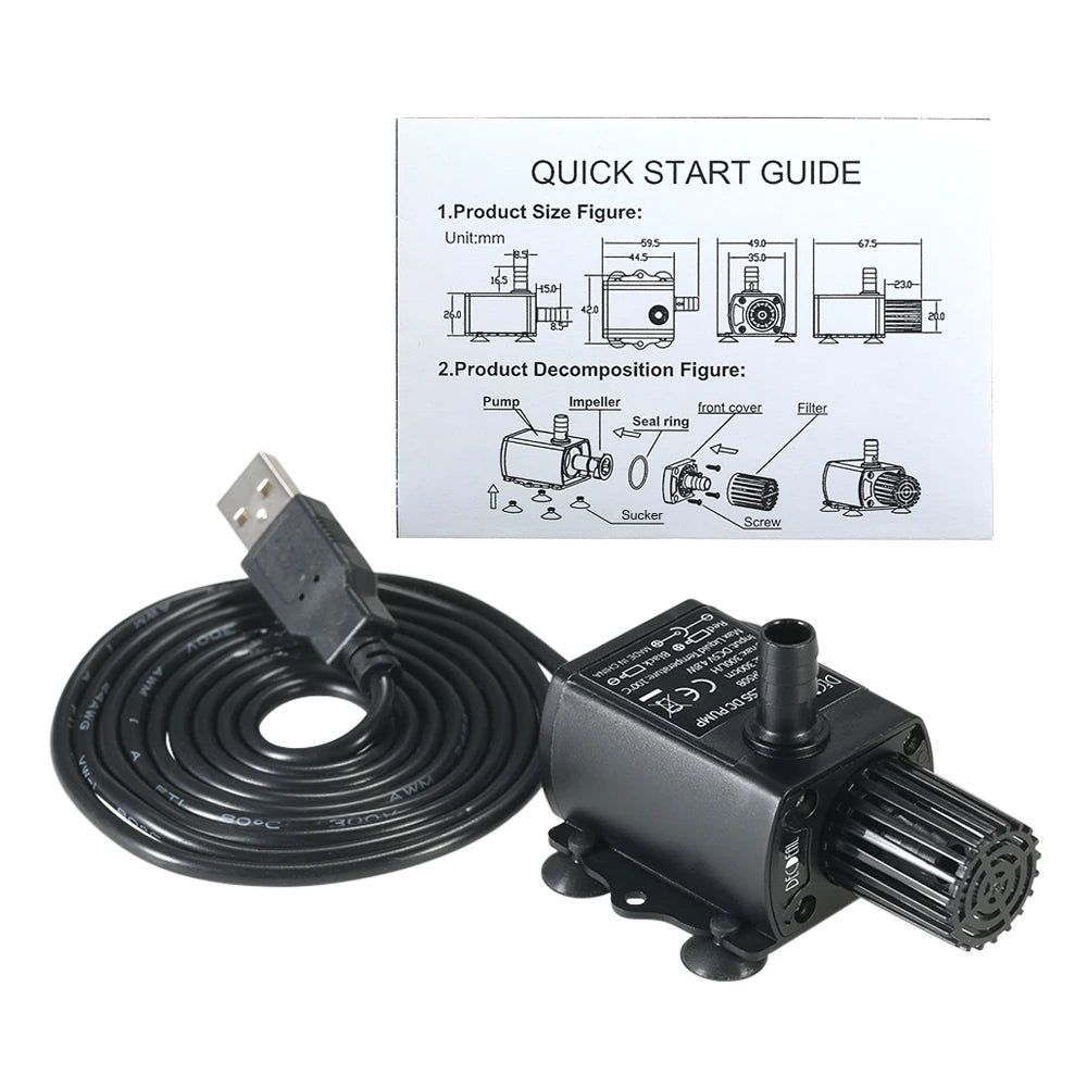 USB DC5V Ultra-quiet Mini Brushless Water Pump Waterproof Submersible Fountain Aquarium Circulating 250L/H Lift 200cm