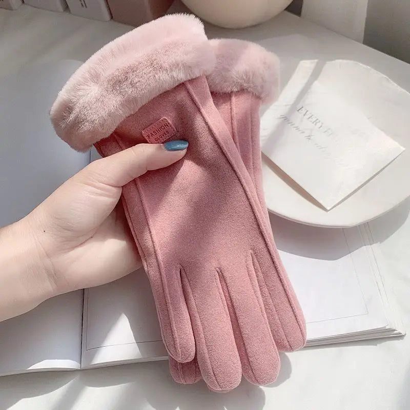 Comfortable beige touchscreen gloves with plush lining - providing thick and warm winter protection for outdoor leisure