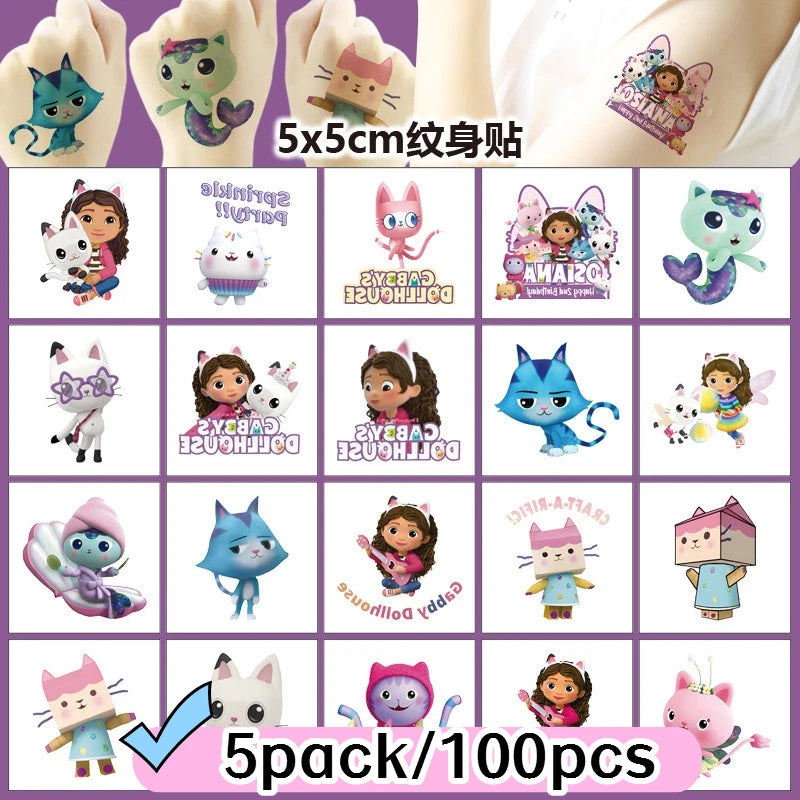 Cartoon 20PCS Cute Gabby Dollhouse Cats Tattoo Stickers Kawaii Anime party Waterproof Tattoos Sticker Pack Gift Toy