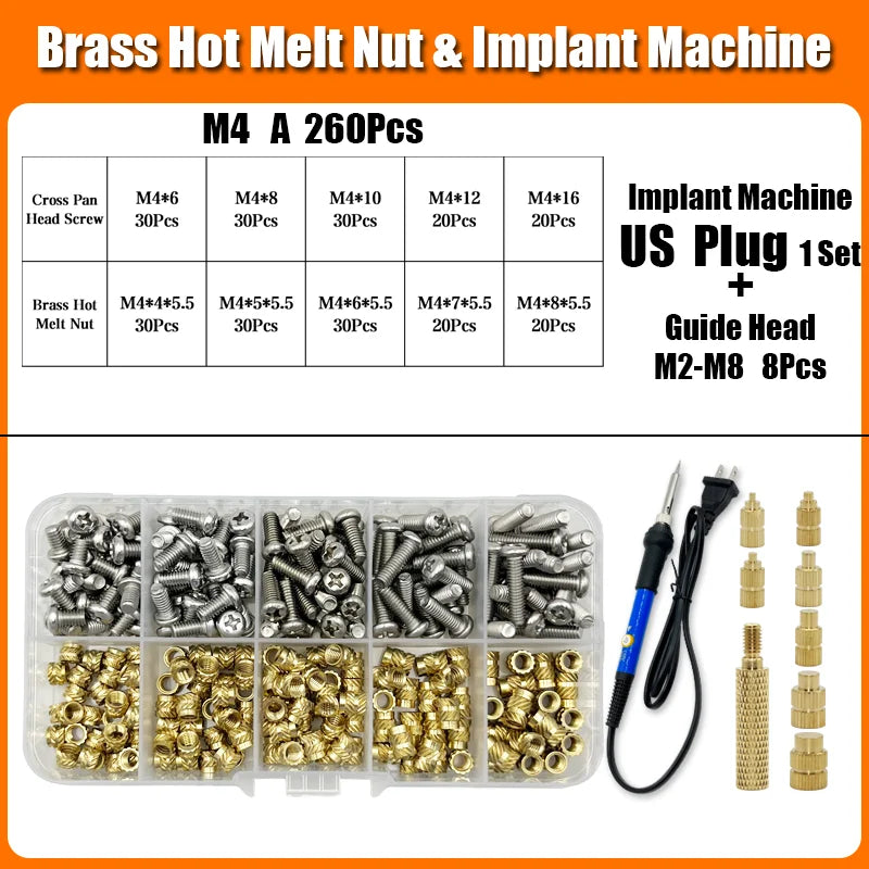 Brass Hot Melt Threaded Insert Nut Iron Tip 3D Printer Accessorie Heating Nut Stainless Screw Bolt Insertnut Kit M2 M2.5 M3 M4