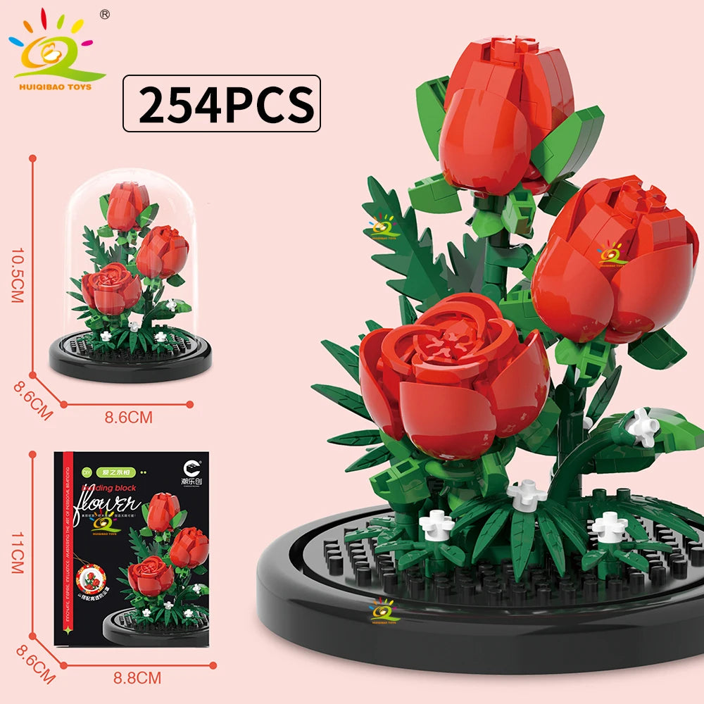 HUIQIBAO MOC Eternal Bouquet Display Box Micro Building Blocks Flower Model DIY Home Desk Plant Decoration Brick Toy For Childre