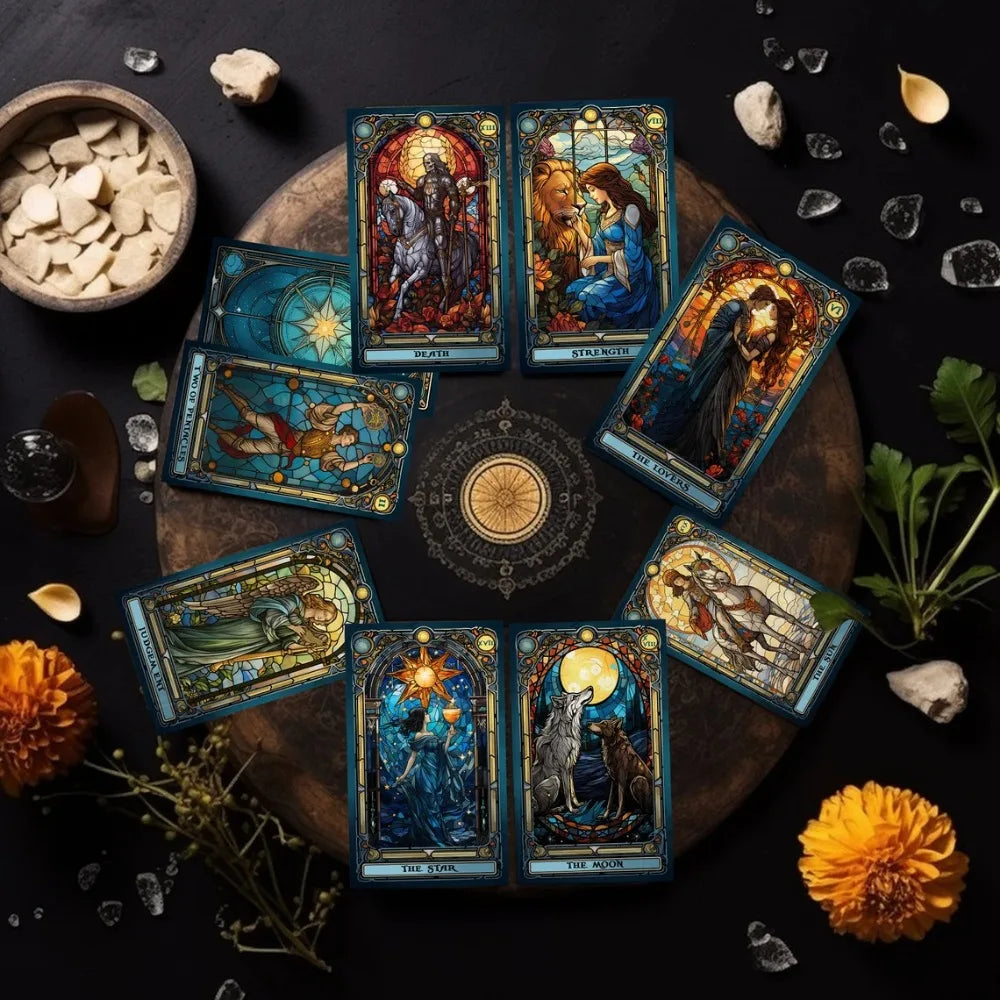 Complete Tarot Carding 10.3*6cm Stained Glass Set Inspired Rider Waite Smith Tarot Card Deck 78 Pcs Cards