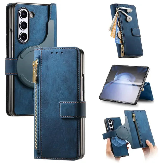 2 in 1 Magnetic Zipper Cards Solt Wallet Leather Case For Samsung Galaxy Z Fold 8 ultra 7 6 5 Wireless Charging Bag Purse Cover