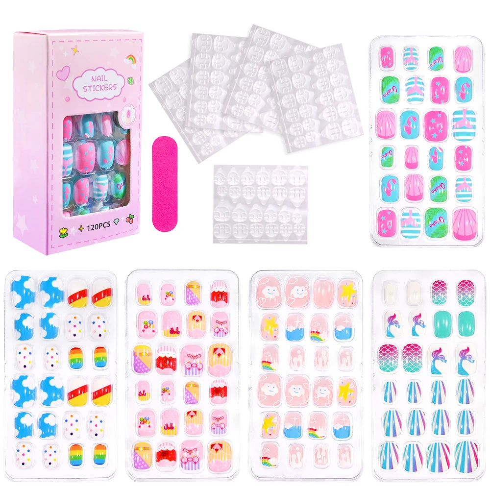 120Pcs/Box Cartoon Gril Princess Children Press On Nails 6-14Years Kawaii Cat/Flowers/Rainbow Nail Tips With Jelly Gel Girl Gift