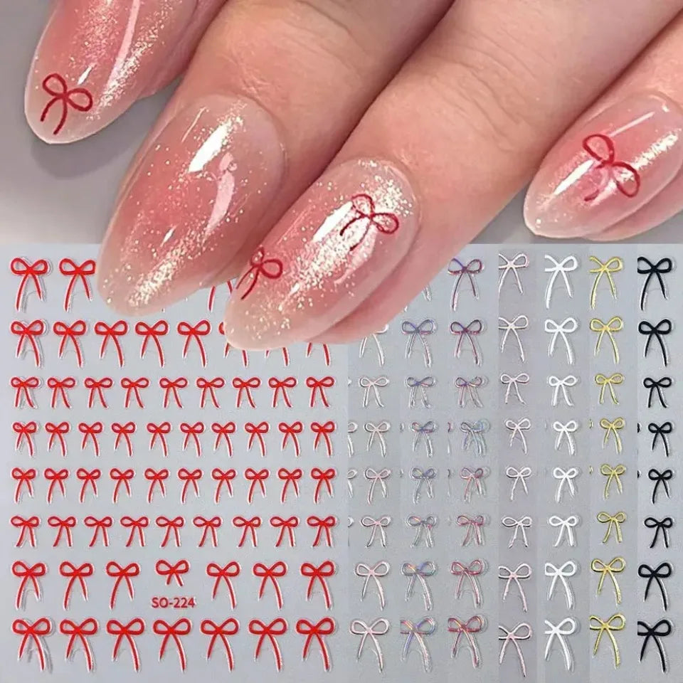 8pcs Mixed Color Bow Nail Art Stickers 3D Cute Red Black Pink Bowknot Nail Charms Foils Gold Laser Effect Bow Manicure Decor