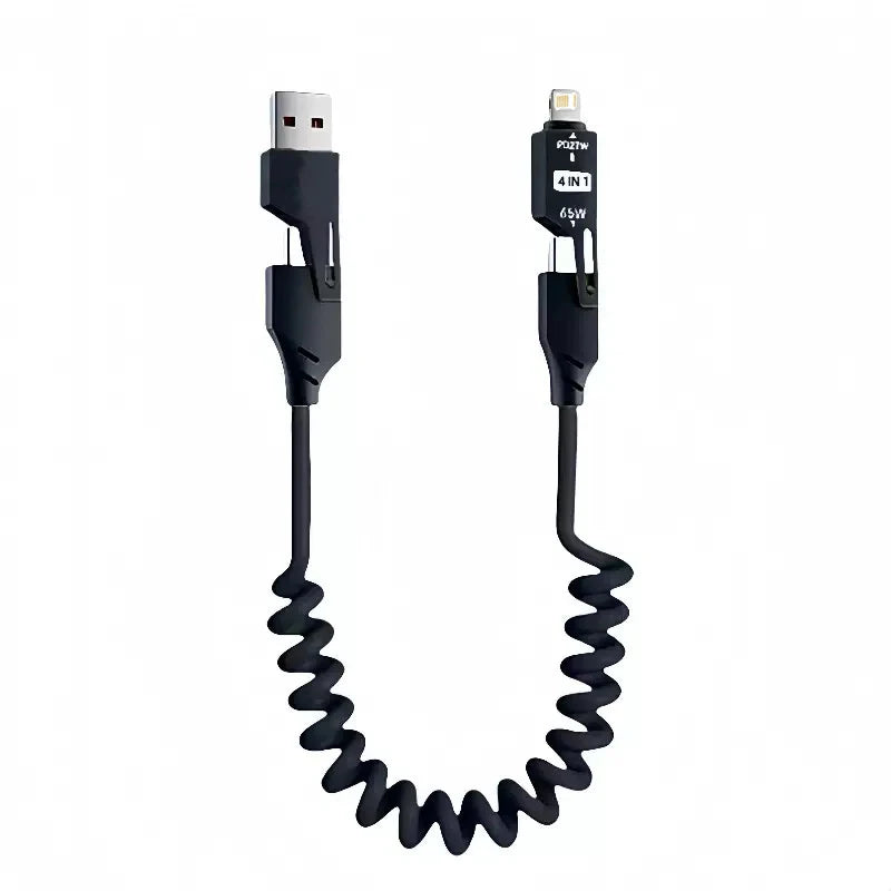 4 in 1 65W Spring Short Data Cable 6A USB Type C Spring Telescopic Quick Charger Wire Spring USB Cable for iPhone 15 14 13 12