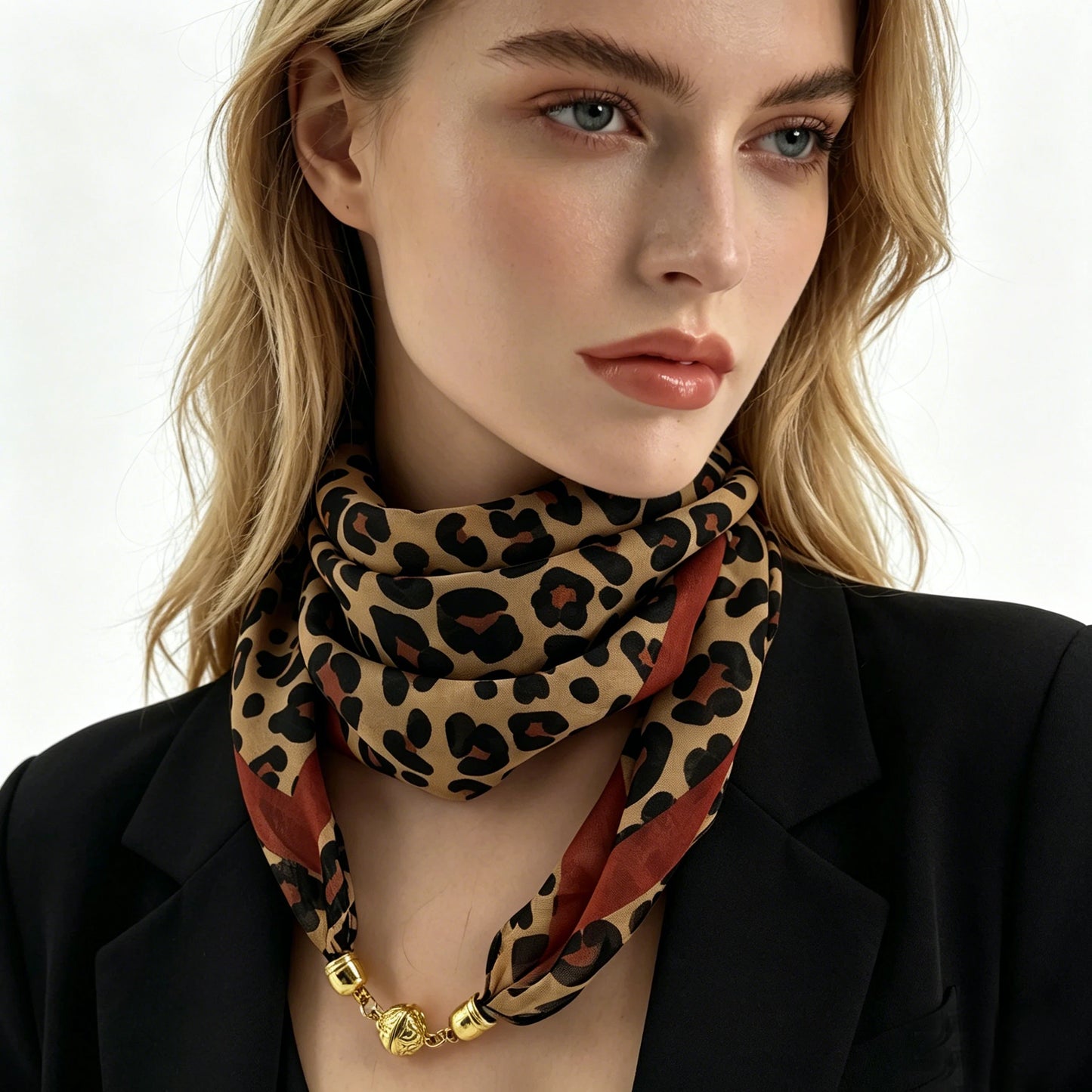 Leopard Print Magnetic Buckle Scarf, 60cm Square Thin Chiffon Neck Scarf, Quick & Easy Wear Fastening Neck Wrap,Decorative Scarf