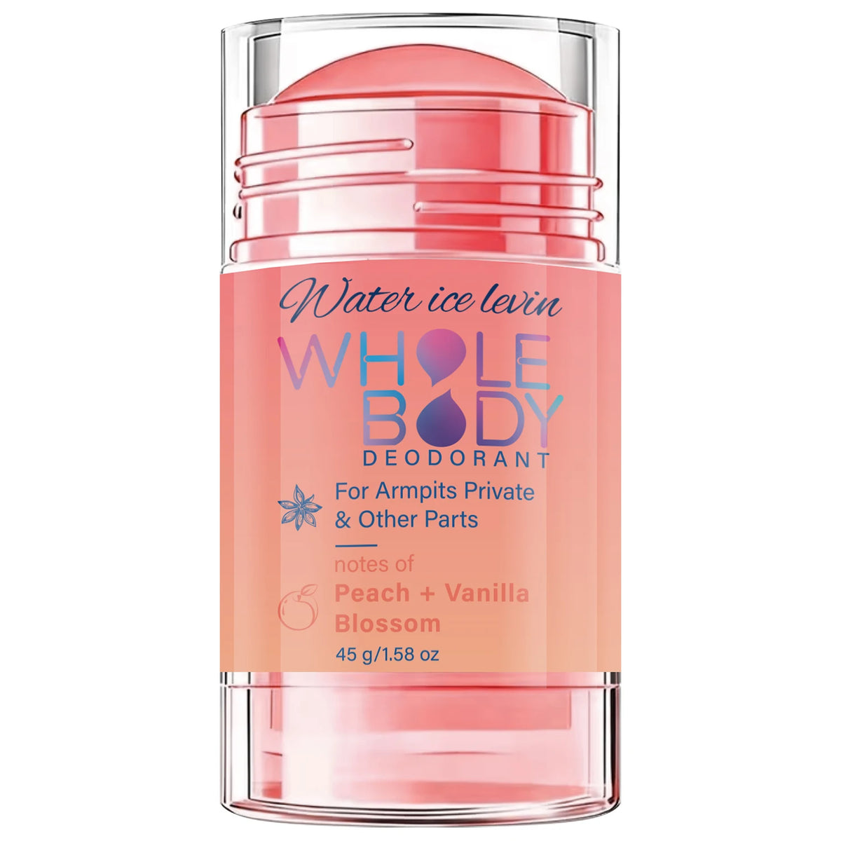 Water Ice Levin Whole Body Deodorant Stick Armpits Private Areas. Peach Vanilla Scent. Fresh Moisturizing. Long Lasting. 45g.
