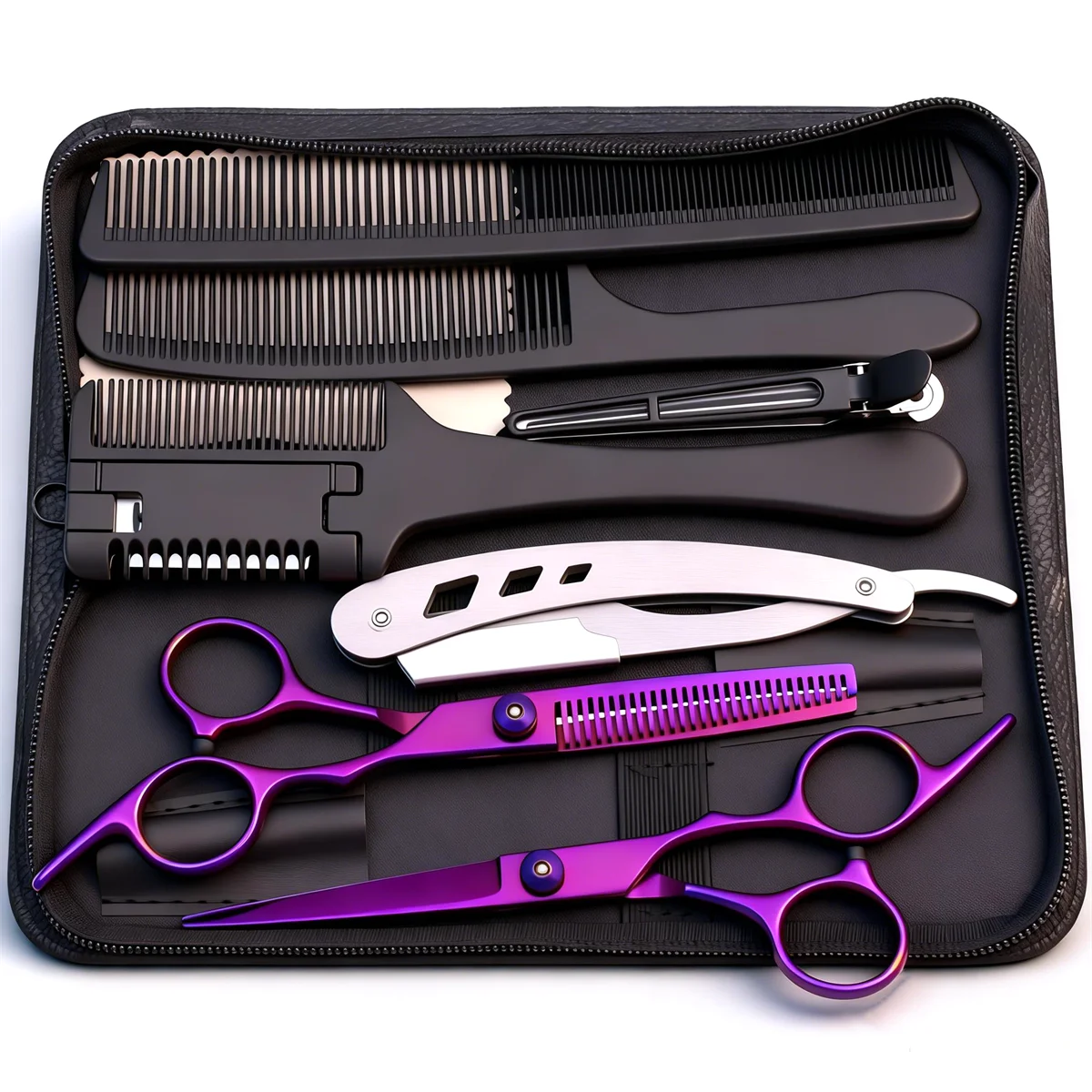 Hair Cutting Scissors Set Barber Shears Kit with Comb Razor Clip Bag Stainless Steel Thinning Scissors Home Salon Beginners 1001