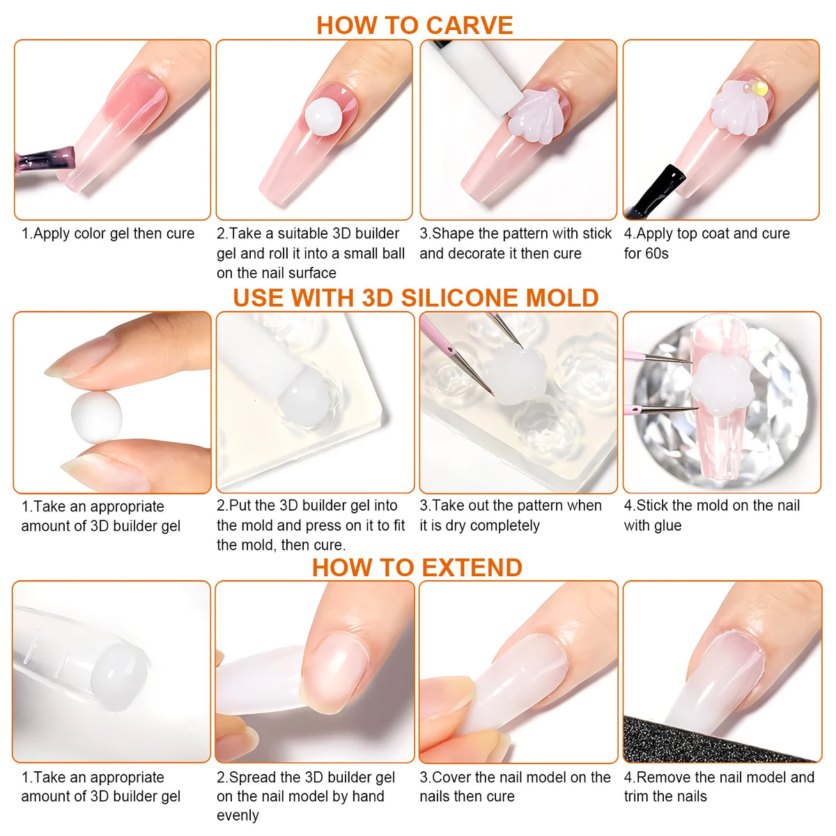 TWOING 15g Clear & White Non Stick Hand Extension Gel 3D Shaping Sculpting Carving Nail Art Solid Hard Gel for Fake Nail