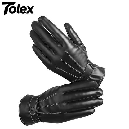 Tolex Men Winter PU Leather Black Gloves Warm Mittens Outdoor Sports Driving Skiing Men's Windproof Gloves Winter Supplies