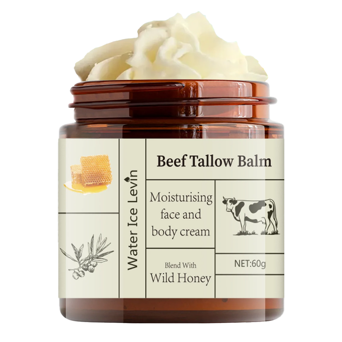 60g Beef Tallow Cream Deeply Moisturizing, Brightening, Anti-Wrinkle, Grass-Fed Beef Butter, Wild Honey, Facial and Body Lotion, Skincare, Rich in Vitamins