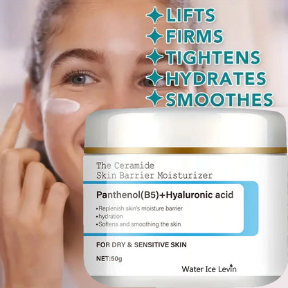 Ceramide Barrier Moisturizer Panthenol Hyaluronic Acid. Instantly Lifts Firms. Hydrates Smooths. Dry Sensitive Skin Relief.