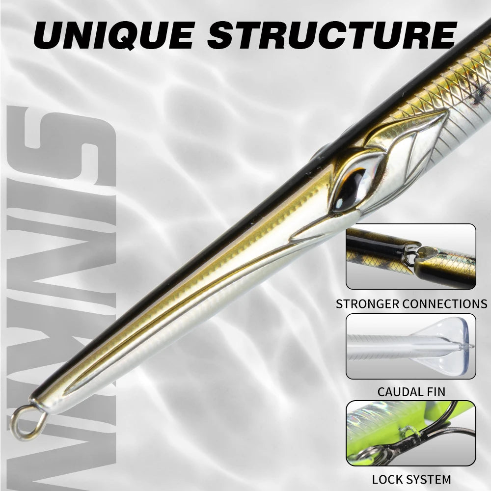 Hunthouse Jointed Pencil Bait 3 Section Fishing Lure 180mm/22g 255mm/30.6g Needle Sinking Swimbait For Bluefish Seabass Tackle