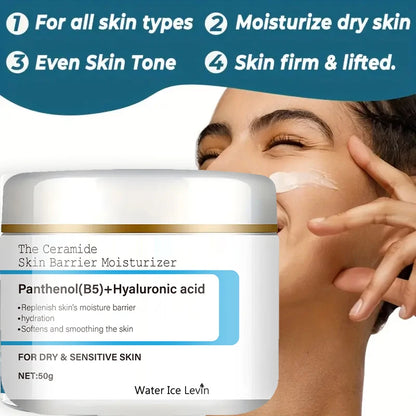Ceramide Barrier Moisturizer Panthenol Hyaluronic Acid. Instantly Lifts Firms. Hydrates Smooths. Dry Sensitive Skin Relief.