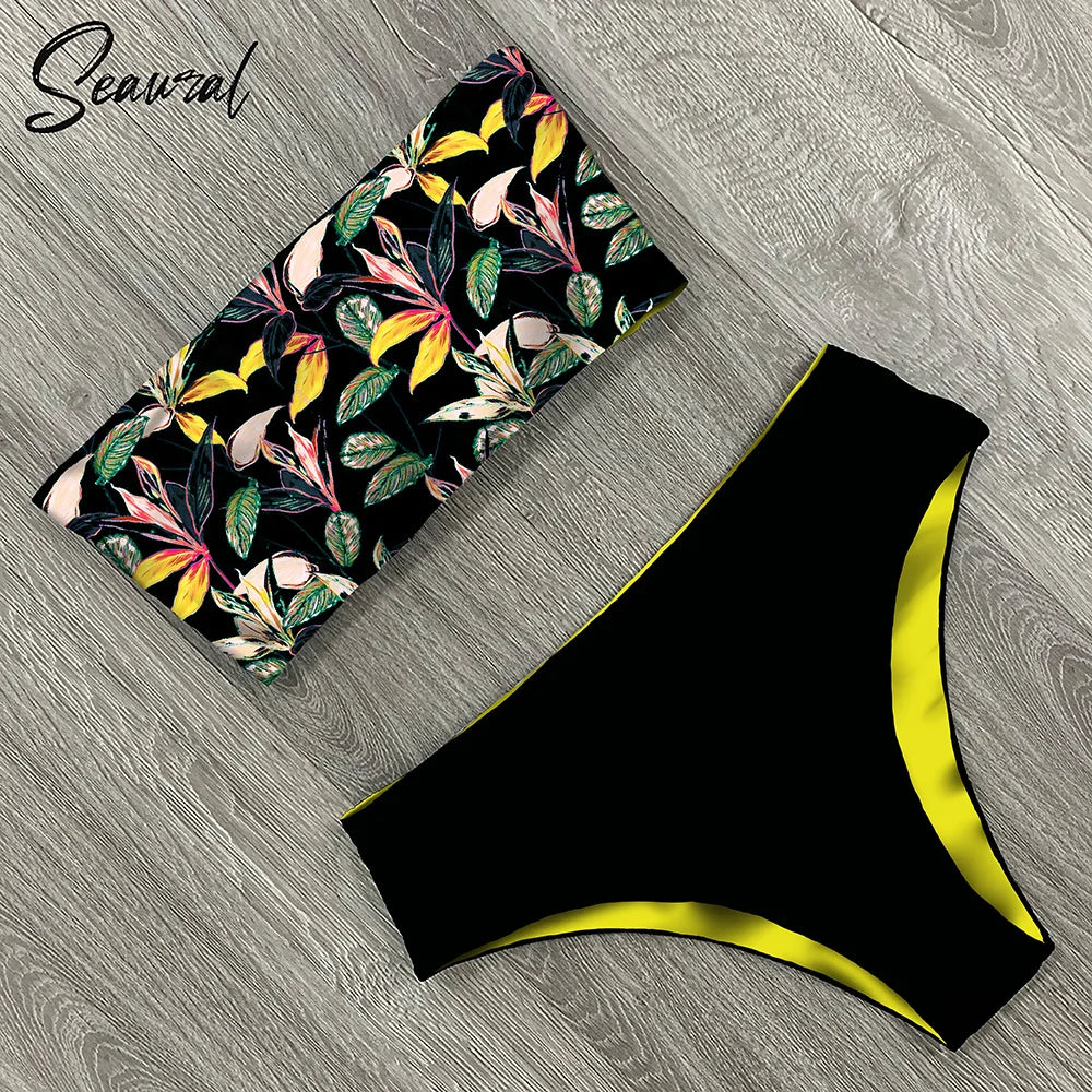 2025 New Sexy Low Hight Bikini Set Swimwear Women Bandeau Female Print Floral Strappy Swimsuit Bathing Suit Beach Wear Biquini