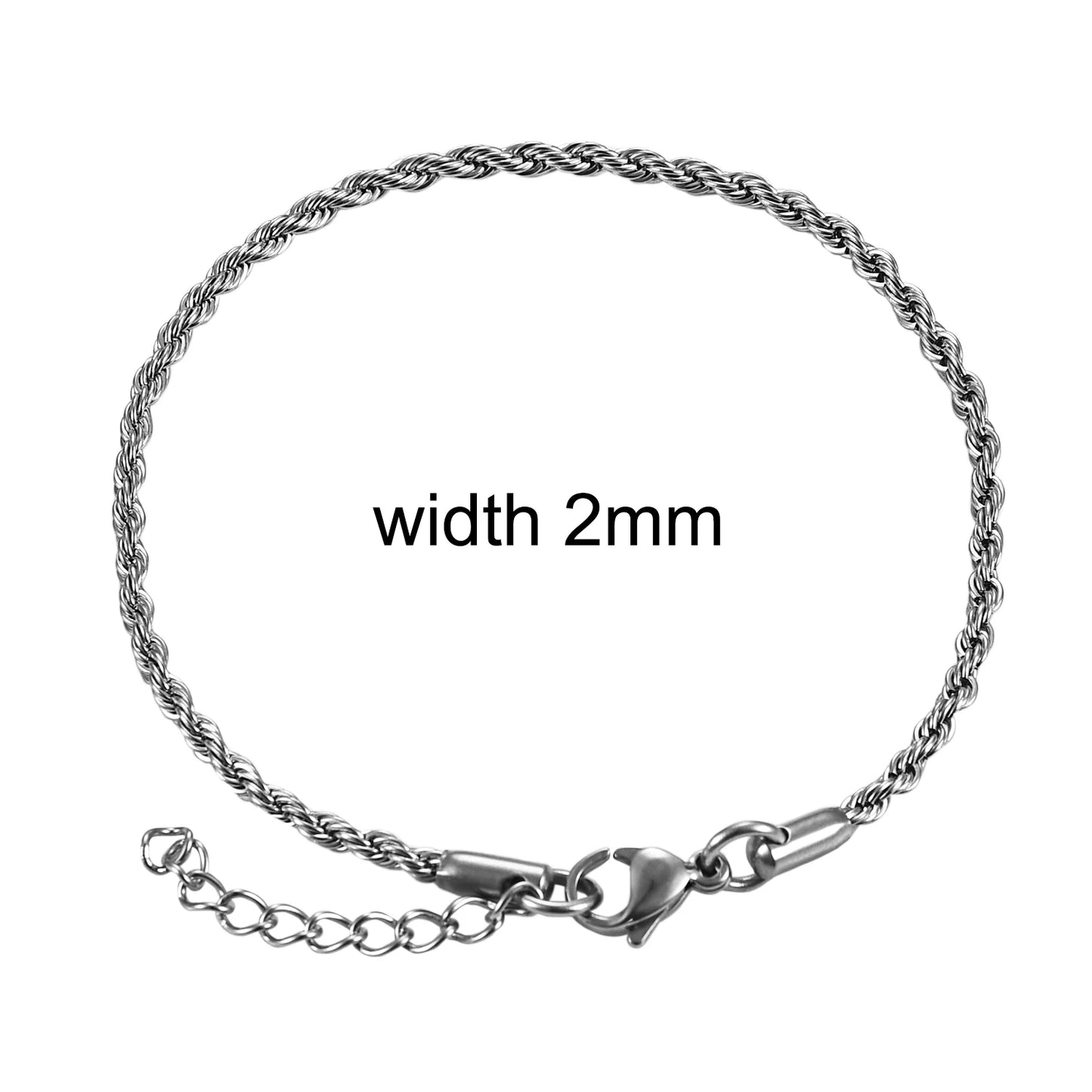 2/3/4/5/6mm Stainless Steel Twisted Rope Chain Silver/Gold Color Bracelet 3cm Extension for Men Women Jewelry Chains