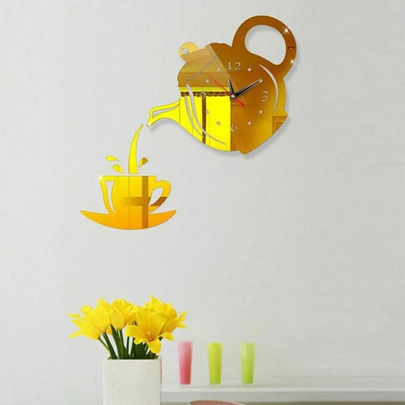 3D DIY Teapot Shape Wall Clock Acrylic Mirror Clock Modern Kitchen Home Decor Wall Sticker Hollow Digital Clock watch home clock