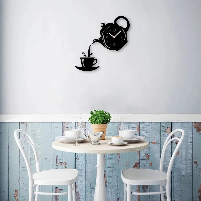 3D DIY Teapot Shape Wall Clock Acrylic Mirror Clock Modern Kitchen Home Decor Wall Sticker Hollow Digital Clock watch home clock