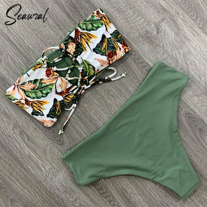 2025 New Sexy Low Hight Bikini Set Swimwear Women Bandeau Female Print Floral Strappy Swimsuit Bathing Suit Beach Wear Biquini