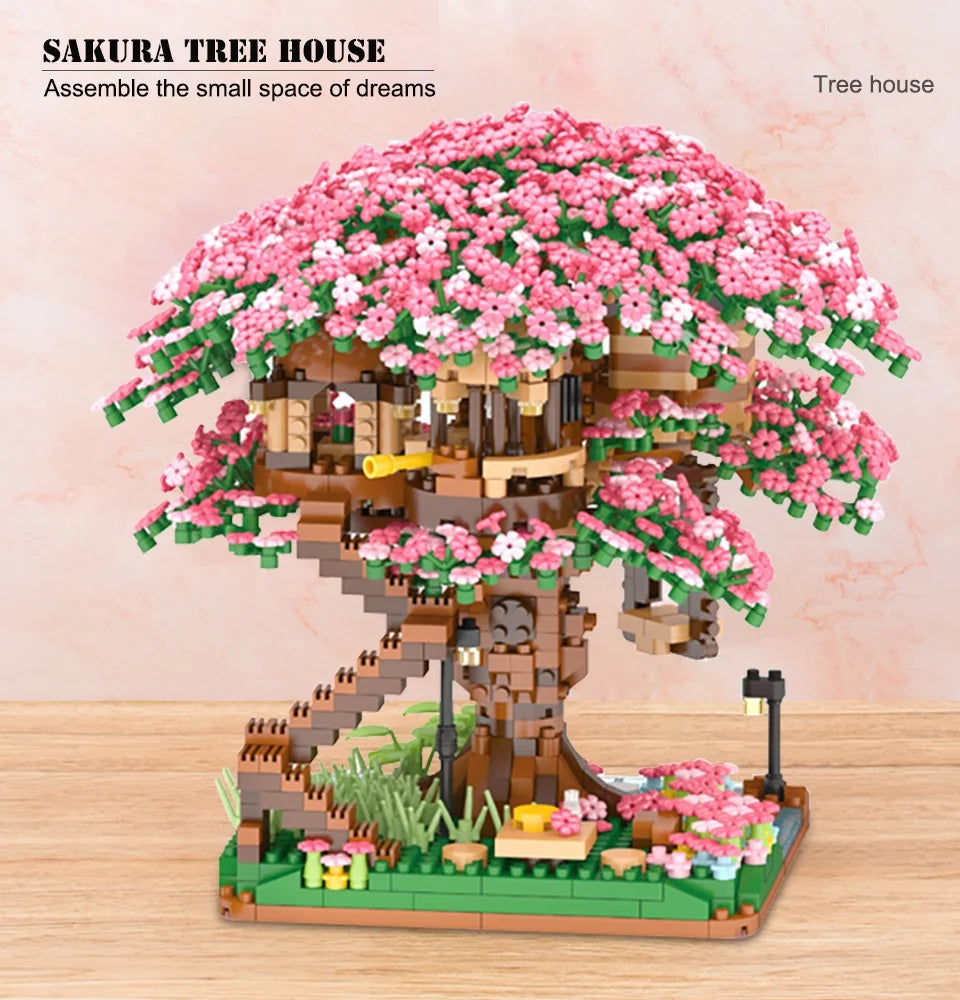 Cherry Bonsai Tree Building Blocks Set DIY Sakura Blossom Plants Bricks with Light Treehouse Model Romantic Gift for Girlfriend