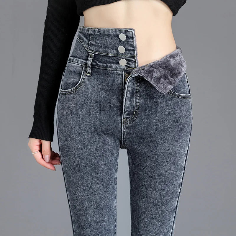 High-Waist Fleece-Lined Skinny Jeans