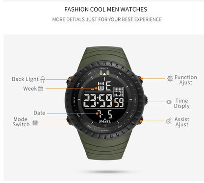 SMAEL Brand Men Electronics Watch Outdoor Sports Waterproof Big Dial Digital LED Alarm Digital-watch 1237 Sport Watch