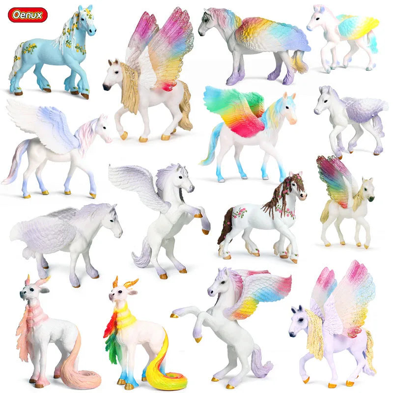 Oenux Original Genuine Fairy Tale Fly Horse Simulation Animal Mythical Elves Elf Pegasus Action Figures Model PVC Cute Kids Toy