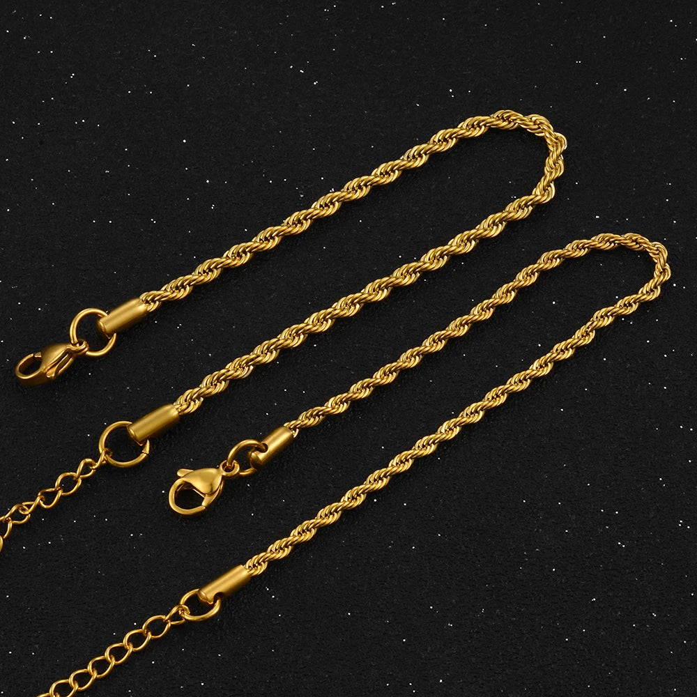 2/3/4/5/6mm Stainless Steel Twisted Rope Chain Silver/Gold Color Bracelet 3cm Extension for Men Women Jewelry Chains