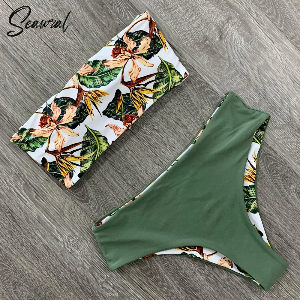 2025 New Sexy Low Hight Bikini Set Swimwear Women Bandeau Female Print Floral Strappy Swimsuit Bathing Suit Beach Wear Biquini