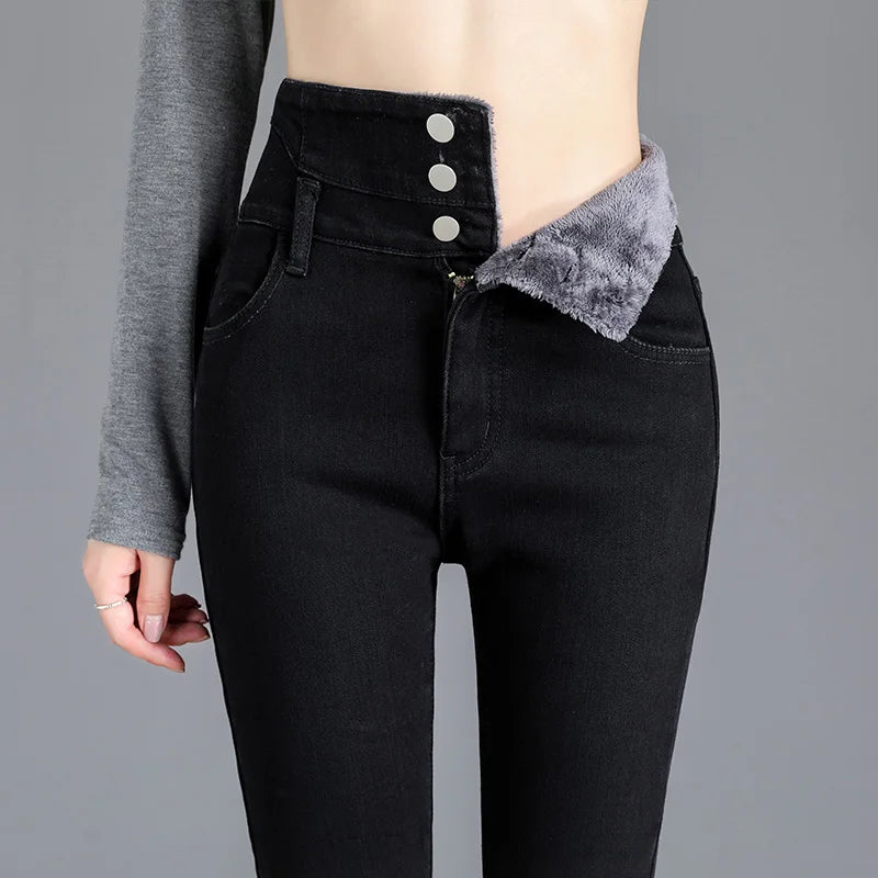 High-Waist Fleece-Lined Skinny Jeans