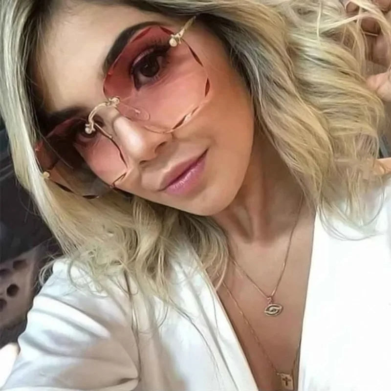 3PCS Square Rimless Sunglasses Women Luxury Brand Designer Summer Red Glasses Fashion Sun glasses For Men UV400 Shades Oculos