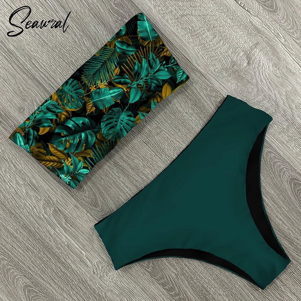 2025 New Sexy Low Hight Bikini Set Swimwear Women Bandeau Female Print Floral Strappy Swimsuit Bathing Suit Beach Wear Biquini