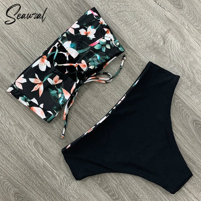 2025 New Sexy Low Hight Bikini Set Swimwear Women Bandeau Female Print Floral Strappy Swimsuit Bathing Suit Beach Wear Biquini