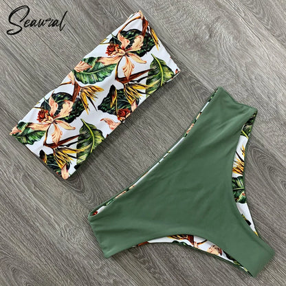 2025 New Sexy Low Hight Bikini Set Swimwear Women Bandeau Female Print Floral Strappy Swimsuit Bathing Suit Beach Wear Biquini