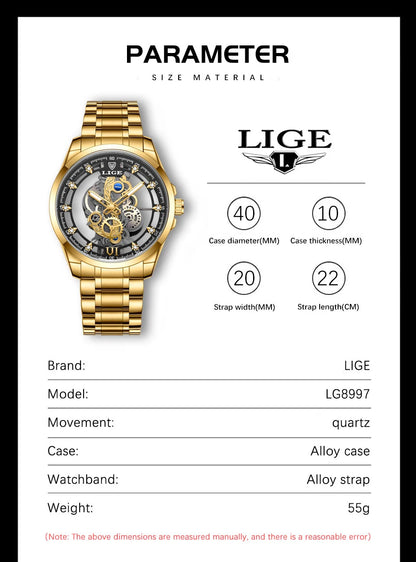 Original LIGE Men Watch Gold Stainless Steel Hollow Skeleton Quartz Watches for Men Fashion Military Waterproof Men Wristwatch