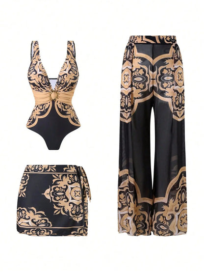 Blue One-Shoulder Ruffled Print Floral Swimsuit Set Cover Up Single Piece Micro Monokini Sexy Swimwear For Girls Summer Beach