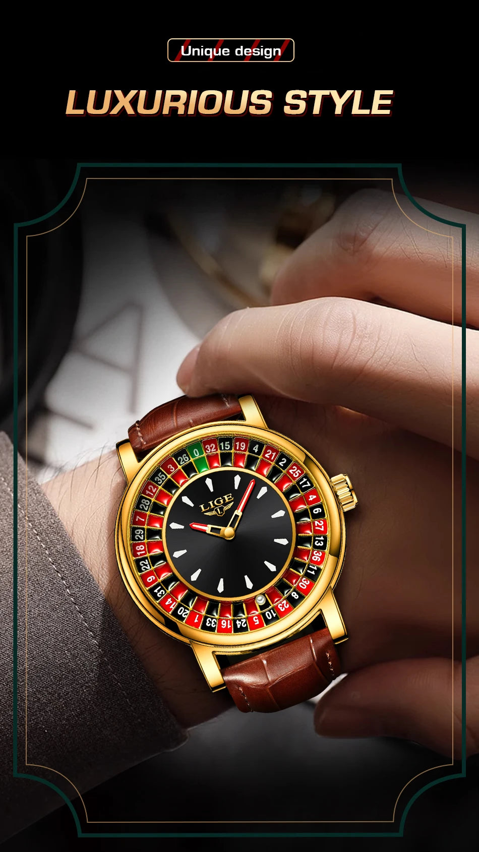 LIGE Fashion Men Watch Rotating Dial Las Vegas Roulette Desktop Theme Watch Men Waterproof Luminous Clock Watches Creative Clock