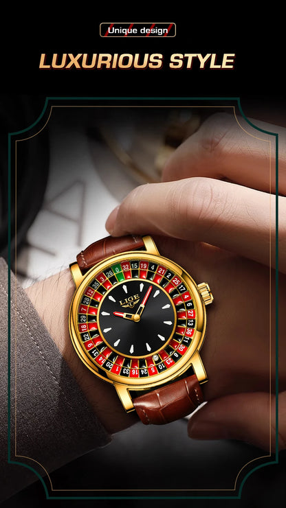 LIGE Fashion Men Watch Rotating Dial Las Vegas Roulette Desktop Theme Watch Men Waterproof Luminous Clock Watches Creative Clock