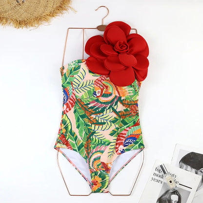 Blue One-Shoulder Ruffled Print Floral Swimsuit Set Cover Up Single Piece Micro Monokini Sexy Swimwear For Girls Summer Beach