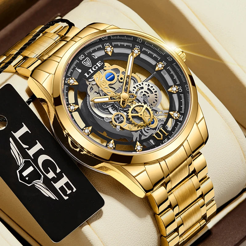 Original LIGE Men Watch Gold Stainless Steel Hollow Skeleton Quartz Watches for Men Fashion Military Waterproof Men Wristwatch