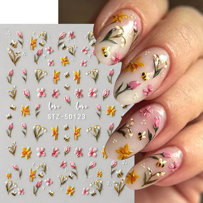 5D Embossed Kawaii Ladybug Sliders Spring White Daisy Flowers Nail Stickers DIY Simple Petals Wedding Nails Decals Accesories