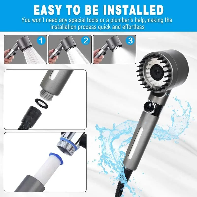 3 Modes Shower Head Adjustable High Pressure Water Saving Shower One-Key Stop Water Massage Shower Head with Filter Element