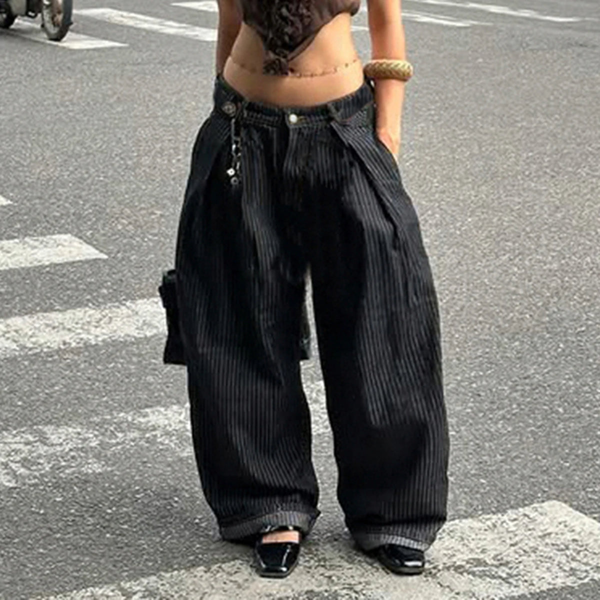Striped Low-Rise Wide-Leg Jeans