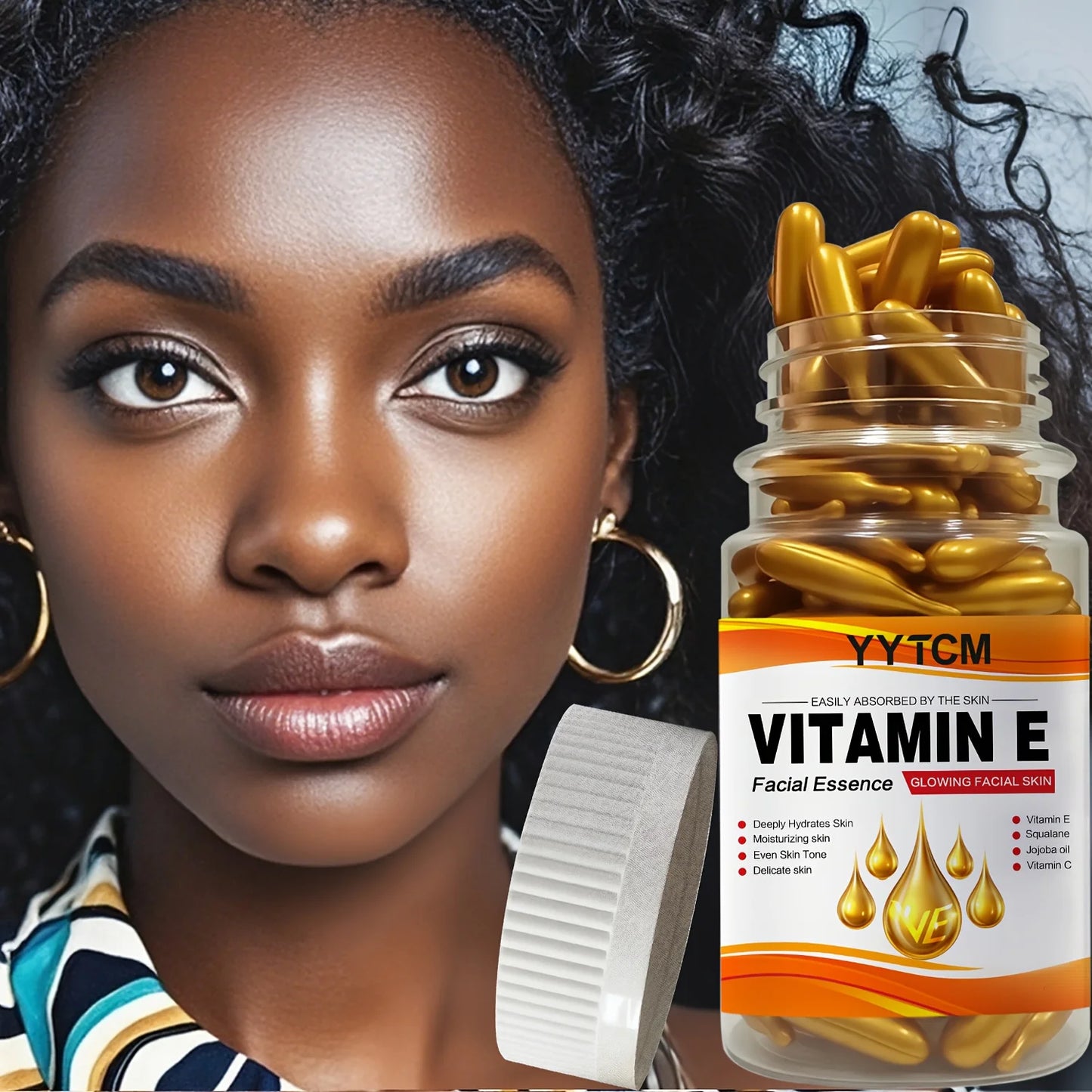 Vitamin E Deep Moisturizing Capsule Essence, Hydrates and Smooths Skin, Contains Plant-Based Squalane, Vitamin C, Deep Hydration and Skin Brightening Essence (0.4Gx90 Capsules)/Bottle-1 Bottle