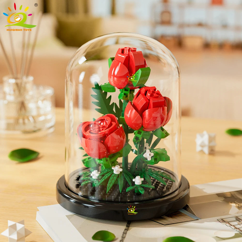HUIQIBAO MOC Eternal Bouquet Display Box Micro Building Blocks Flower Model DIY Home Desk Plant Decoration Brick Toy For Childre