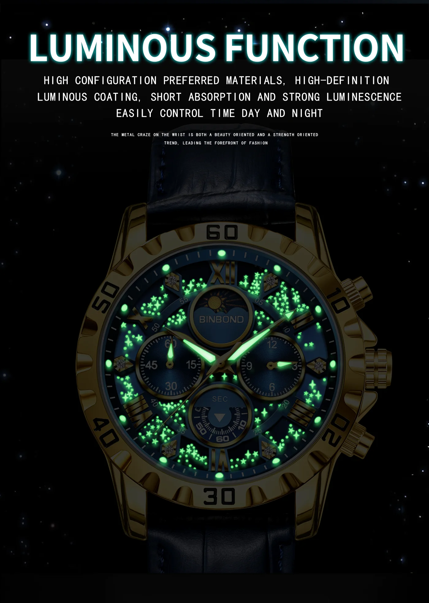 BINBOND Genuine accurate quartz wristwatches for men luxury luminous waterproof chronograph leather strap men's watch reloj